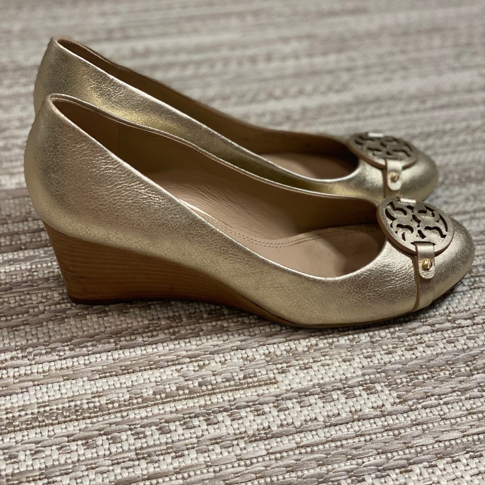 Tory Burch gold wedges